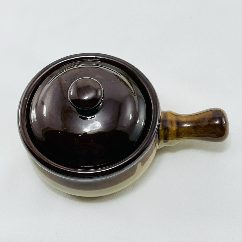 Vintage Feuerfest French Onion Soup Crock Bowl Handle Lid Stoneware Two Tone